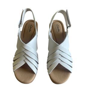 New Clarks White Giselle Leather Wedge Sandals Shoes Women’s Size 9 9M